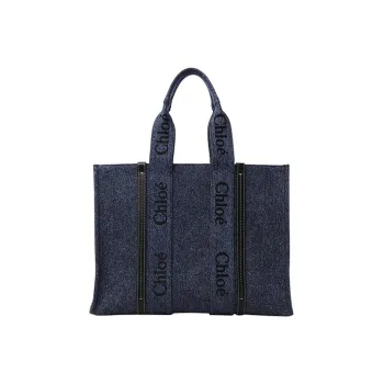 Chloe Woody Shiny Calfskin With Denim Tote Bag Shopping Bag Handbag Large Size Women's Dark Blue