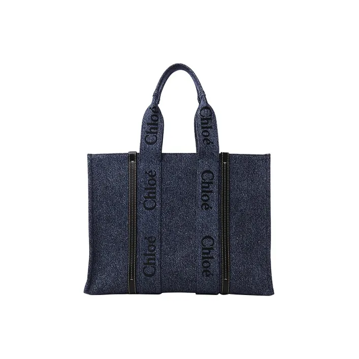 Chloe Woody Shiny Calfskin With Denim Tote Bag Shopping Bag Handbag Large Size Women's Dark Blue-0