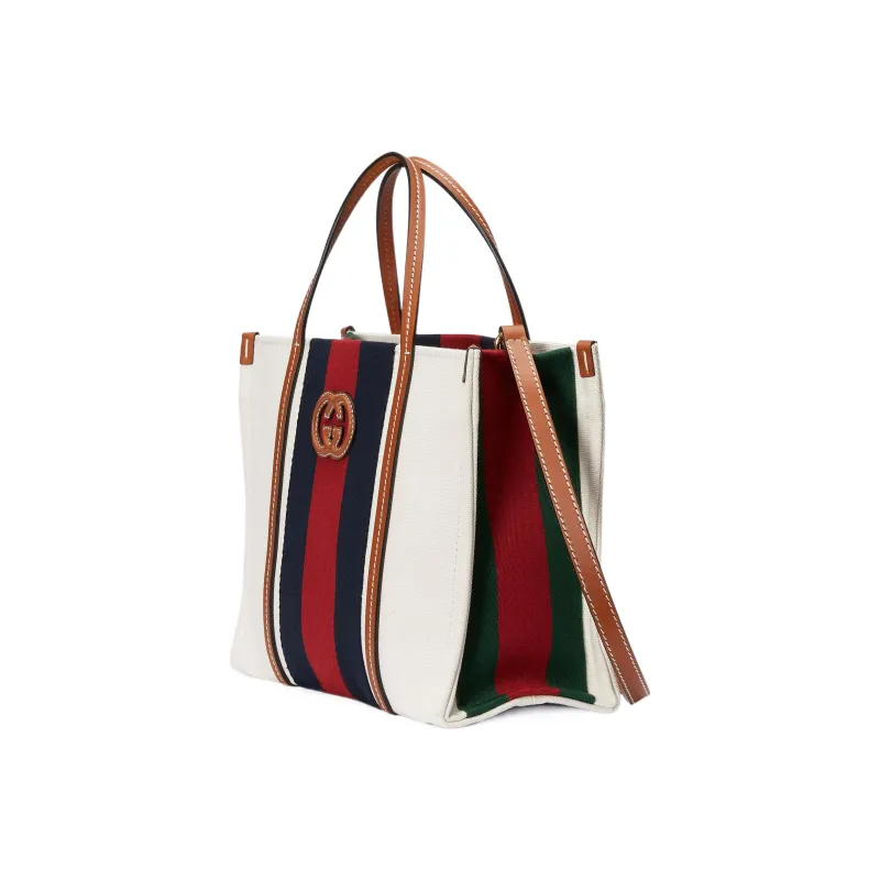 GUCCI Cotton Fabric With Leather Tote Bag Shopping Bag Handbag Small Size Men's White/Red/Deep Blue/Brown-1