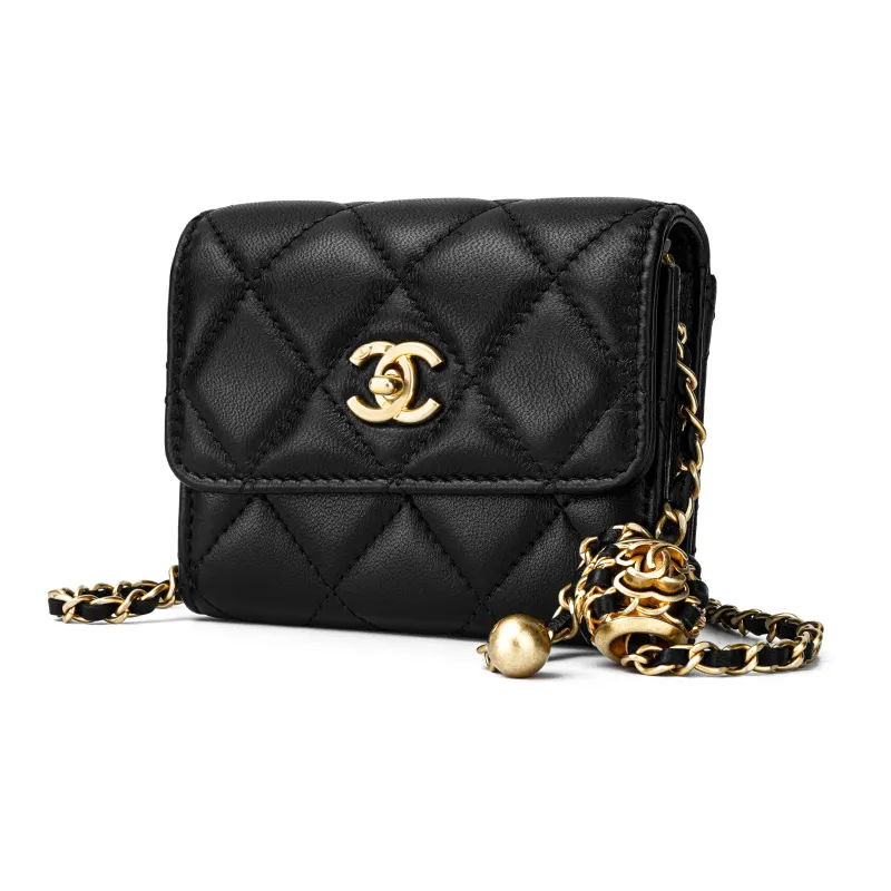 CHANEL 22SS Lambskin Coin Purse, Shoulder Bag, Crossbody Bag Women's Black-1