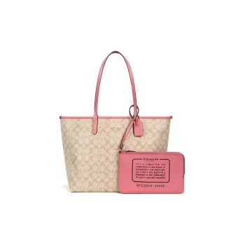COACH Canvas With Leather Tote Bag Shopping Bag Combo Handbag Shoulder Bag Large Size Women's Khaki & Pink
