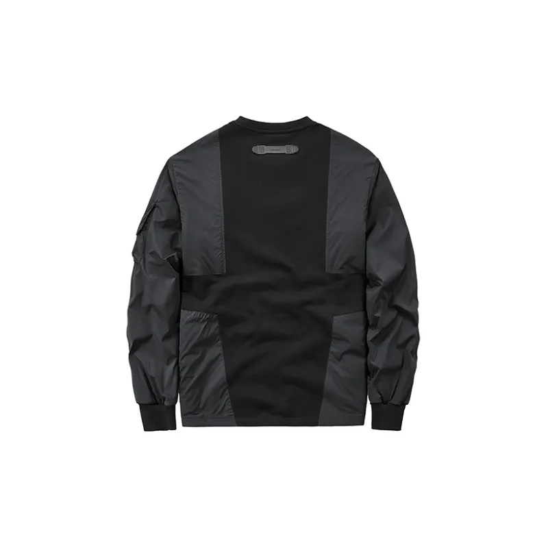 VIP Patchwork Design Long Sleeve Crew Neck Sweatshirt With Multiple Pockets Unisex Black-1