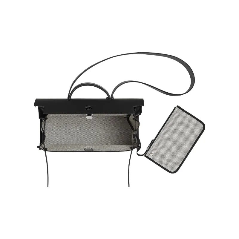 HERMES Herbag Berline Waterproof Canvas With Hunter Calfskin One Shoulder Crossbody Handbag Unisex Black & Light Beige-2