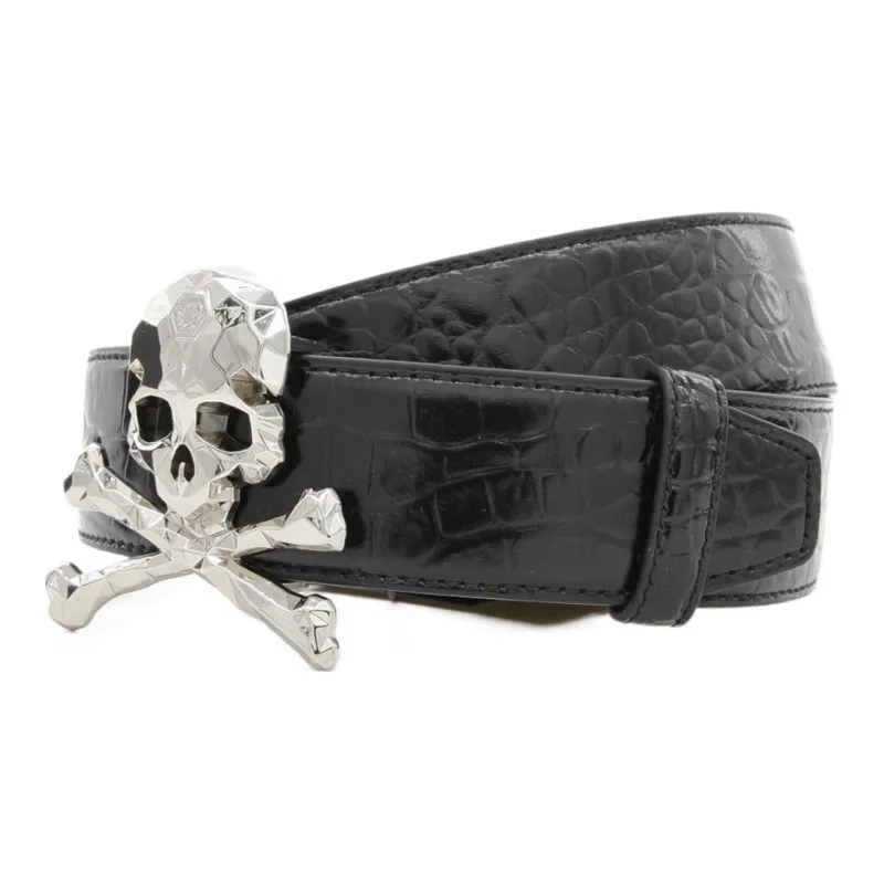 PHILIPP PLEIN Trendy Skull Men's Genuine Leather Crocodile Embossed Smooth Buckle Belt Men's Black Width: 4cm-1