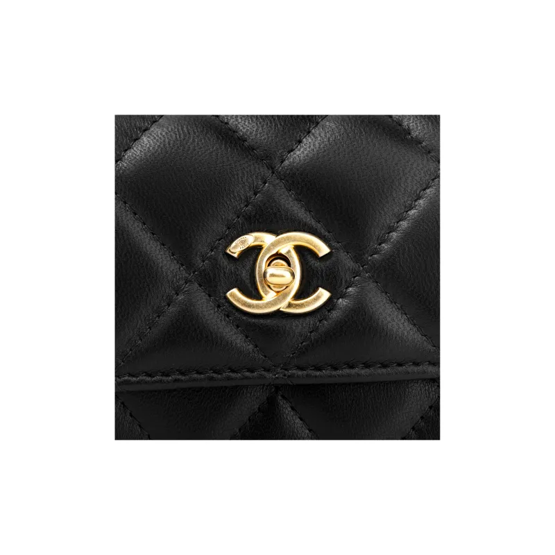 CHANEL 22SS Lambskin Coin Purse, Shoulder Bag, Crossbody Bag Women's Black-4