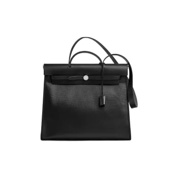 HERMES Herbag Berline Waterproof Canvas With Hunter Calfskin One Shoulder Crossbody Handbag Unisex Black & Light Beige