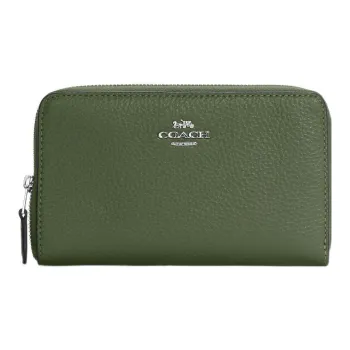 COACH Id Zip Wallet Pebbled Leather Card Holder Wallet Medium Size Women's Olive Green