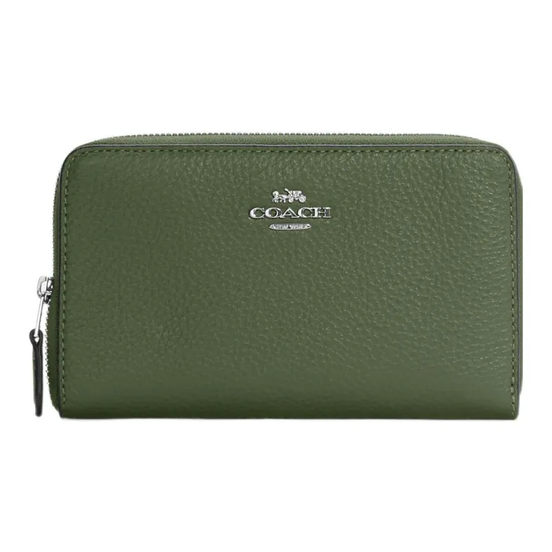 COACH Id Zip Wallet Pebbled Leather Card Holder Wallet Medium Size Women's Olive Green-0