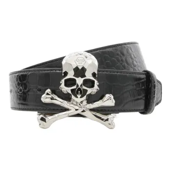 PHILIPP PLEIN Trendy Skull Men's Genuine Leather Crocodile Embossed Smooth Buckle Belt Men's Black Width: 4cm