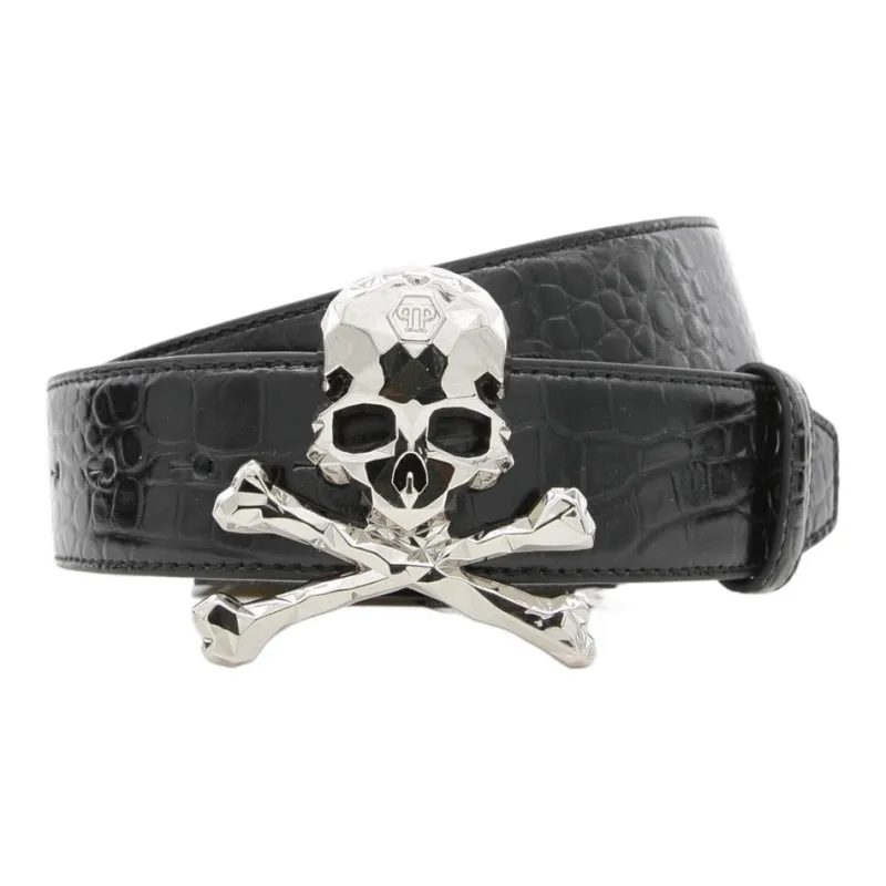 PHILIPP PLEIN Trendy Skull Men's Genuine Leather Crocodile Embossed Smooth Buckle Belt Men's Black Width: 4cm-0