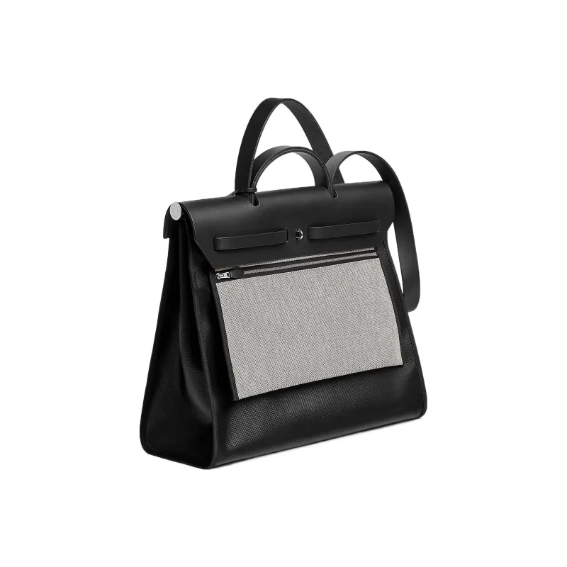 HERMES Herbag Berline Waterproof Canvas With Hunter Calfskin One Shoulder Crossbody Handbag Unisex Black & Light Beige-3