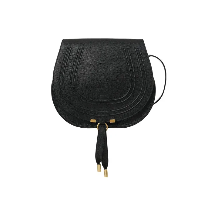 Chloe Marcie Grain Calfskin Messenger Bag, Saddle Bag, Shoulder Bag, Crossbody Bag Medium Size Women's Black-0