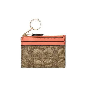 COACH Mini Id Skinny Canvas With Leather Card Holder Mini Women's Khaki & Brown