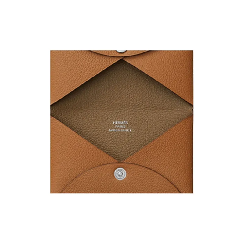 HERMES Calvi Evercolor Calfskin Business Card Holder Card Case Women's Gold Brown-2