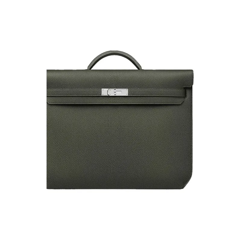 HERMES Kelly Depeches Cow Leather Handbag Men's Gray Green-4