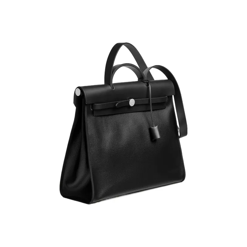HERMES Herbag Berline Waterproof Canvas With Hunter Calfskin One Shoulder Crossbody Handbag Unisex Black & Light Beige-1