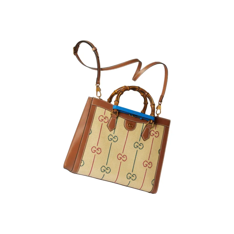 GUCCI Diana Jacquard Cotton Fabric With Leather Tote Bag Shopping Bag Handbag Medium Size Women's Beige/Brown-3