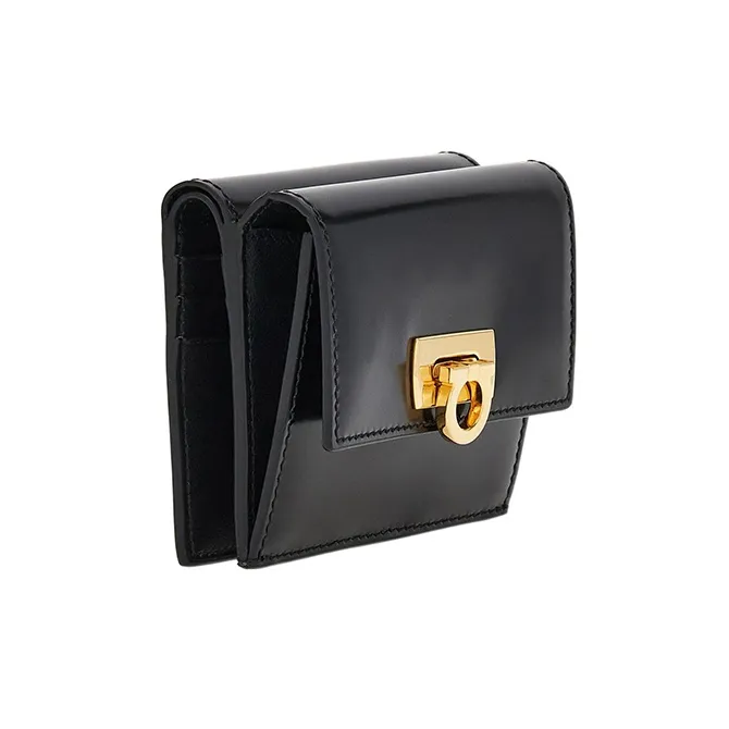 FERRAGAMO GANCINI Cow Leather Wallet Small Size Women's Black-1