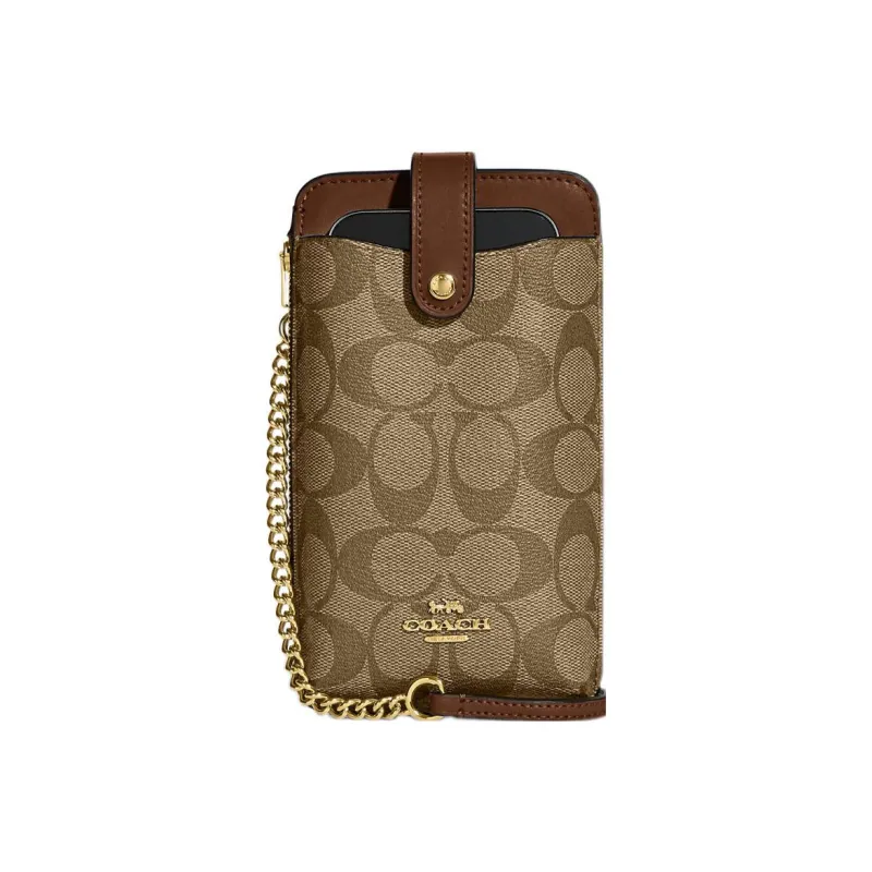 COACH Canvas With Leather One Shoulder Crossbody Cell Phone Pouch Mini Women's Tan-0