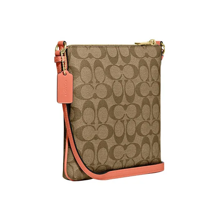 COACH Rowan Canvas With Leather Document Bag, Shoulder Bag, Crossbody Bag Trumpets Women's Khaki & Light Coral-1