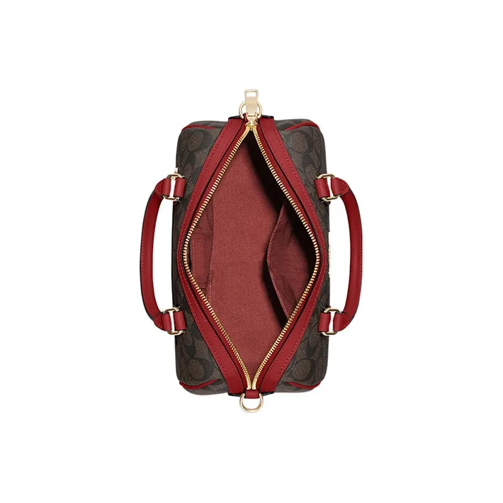 COACH Rowan Canvas With Leather Handbag Shoulder Bag Crossbody Bag Medium Size Women's Brown & Red-2