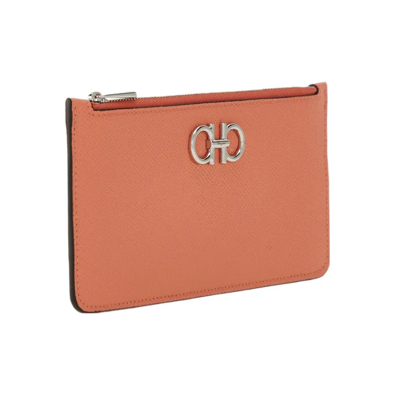 FERRAGAMO GANCINI Calfskin Business Card Holder Wallet Women's Coral Red-1