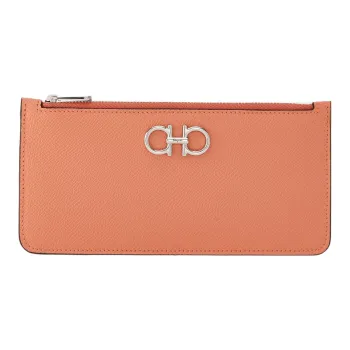 FERRAGAMO GANCINI Calfskin Business Card Holder Wallet Women's Coral Red