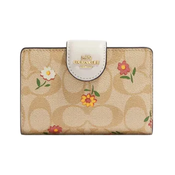 COACH Corner Zip Canvas With Leather Wallet Medium Size Women's Light Khaki