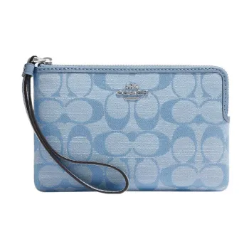 COACH Corner Zip Canvas With Leather Wrist Bag Clutch Small Size Women's Light Blue
