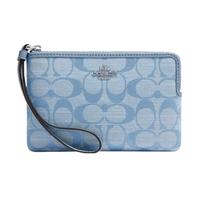 COACH Corner Zip Canvas With Leather Wrist Bag Clutch Trumpets Women's Light Blue-0