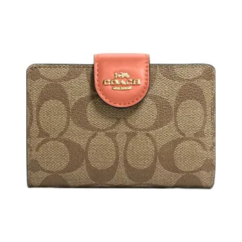 COACH Corner Zip Canvas With Leather Wallet Women's Khaki With Light Coral
