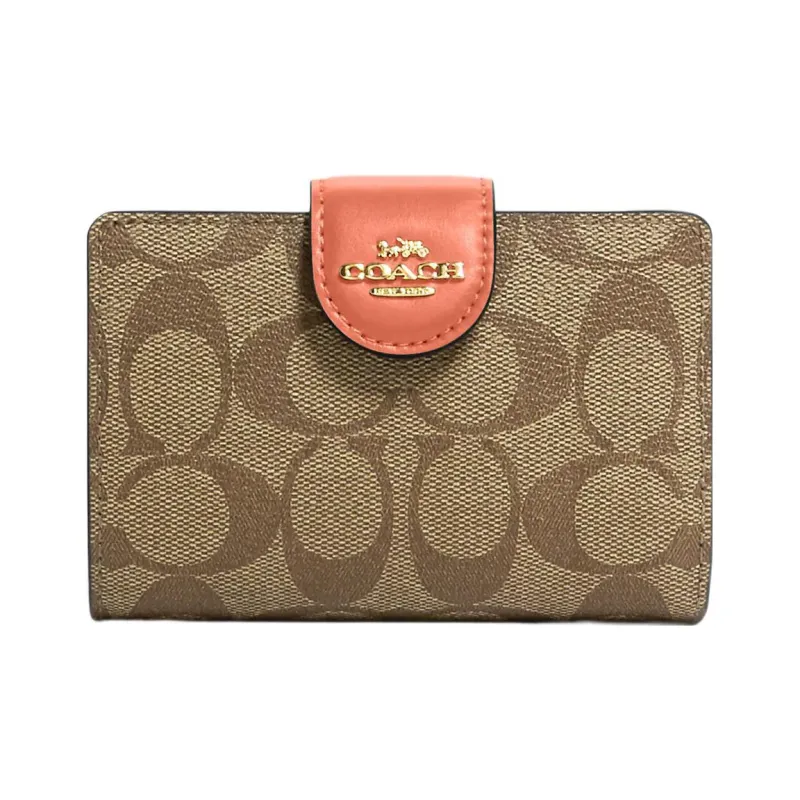 COACH Corner Zip Canvas With Leather Wallet Women's Khaki With Light Coral-0