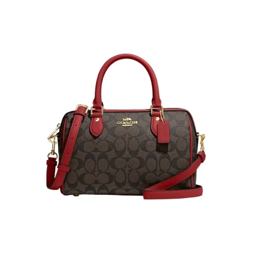 COACH Rowan Canvas With Leather Handbag Shoulder Bag Crossbody Bag Medium Size Women
s Brown 
Red