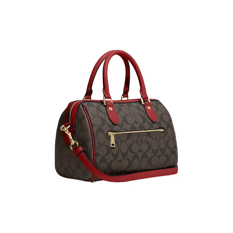 COACH Rowan Canvas With Leather Handbag Shoulder Bag Crossbody Bag Medium Size Women's Brown & Red-1