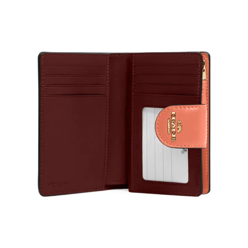 COACH Corner Zip Canvas With Leather Wallet Women's Khaki With Light Coral-3