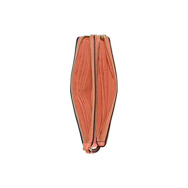 COACH Double Zip Wallet Canvas With Pebbled Leather Accents Wallet Women's Khaki With Light Coral-3