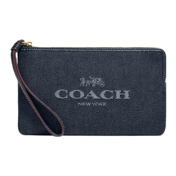 COACH Corner Zip Pebbled Leather With Canvas Accents Wrist Bags Clutches Small Size Women's Denim Blue