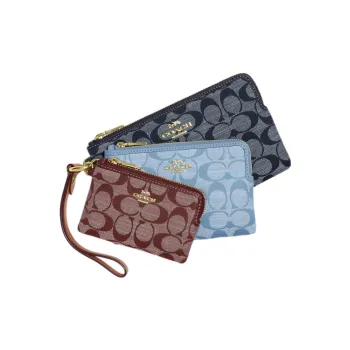COACH Corner Zip Canvas With Leather Clutch Small Size Women's Dark Blue