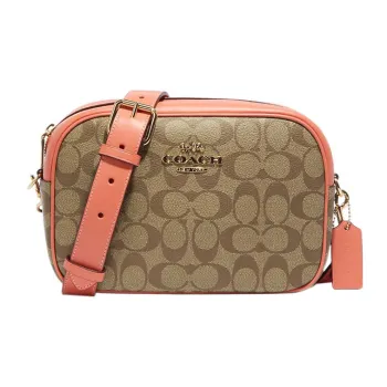 COACH Jamie Coated Canvas With Leather Camera Bag, Shoulder Bag, Crossbody Bag Medium Size Women's Khaki & Light Coral