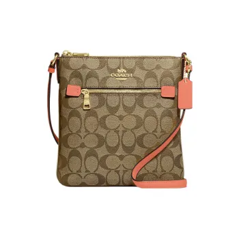 COACH Rowan Canvas With Leather Document Bag, Shoulder Bag, Crossbody Bag Trumpets Women's Khaki & Light Coral