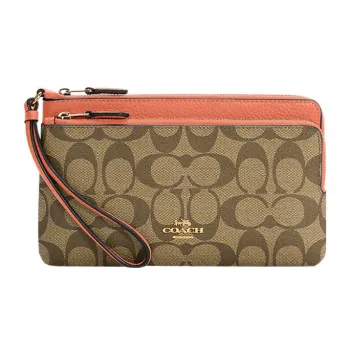 COACH Double Zip Wallet Canvas With Pebbled Leather Accents Wallet Women's Khaki With Light Coral