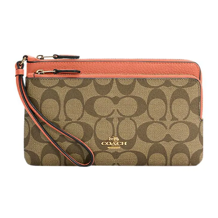 COACH Double Zip Wallet Canvas With Pebbled Leather Accents Wallet Women's Khaki With Light Coral-0