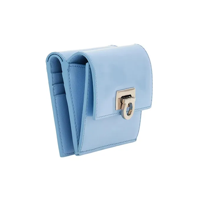 FERRAGAMO GANCINI Cow Leather Wallet Small Size Women's Light Blue-1