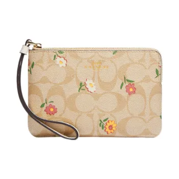 COACH Corner Zip Canvas And Smooth Leather Wrist Bags Clutches Small Size Women's Light Khaki
