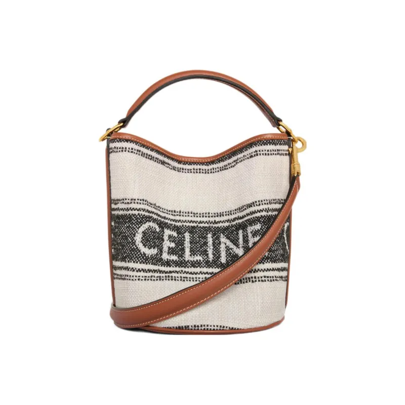 CELINE TEEN BUCKET Fabric And Cow Leather Bucket Bags Shoulder Bag Crossbody Bag Handbags Regular Women's White/Black-2