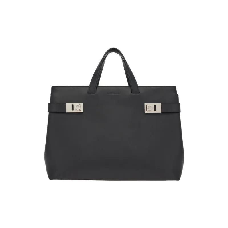 FERRAGAMO Calfskin With Suede And Leather Patchwork Tote Bag Shopping Bag Handbag Large Size Men's Black-0
