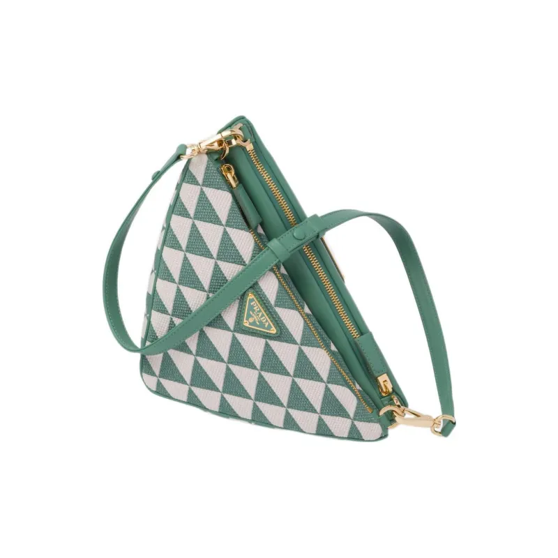 PRADA Triangle Leather With Fabric Triangle Bag, One Shoulder Handbag Mini Women's Grass Green/White-2