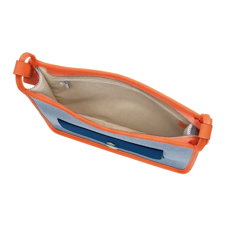 LONGCHAMP Le Foulonné Cow Leather Trim Shoulder Bag, Crossbody Bag Tubas Women's Blue & Orange-3
