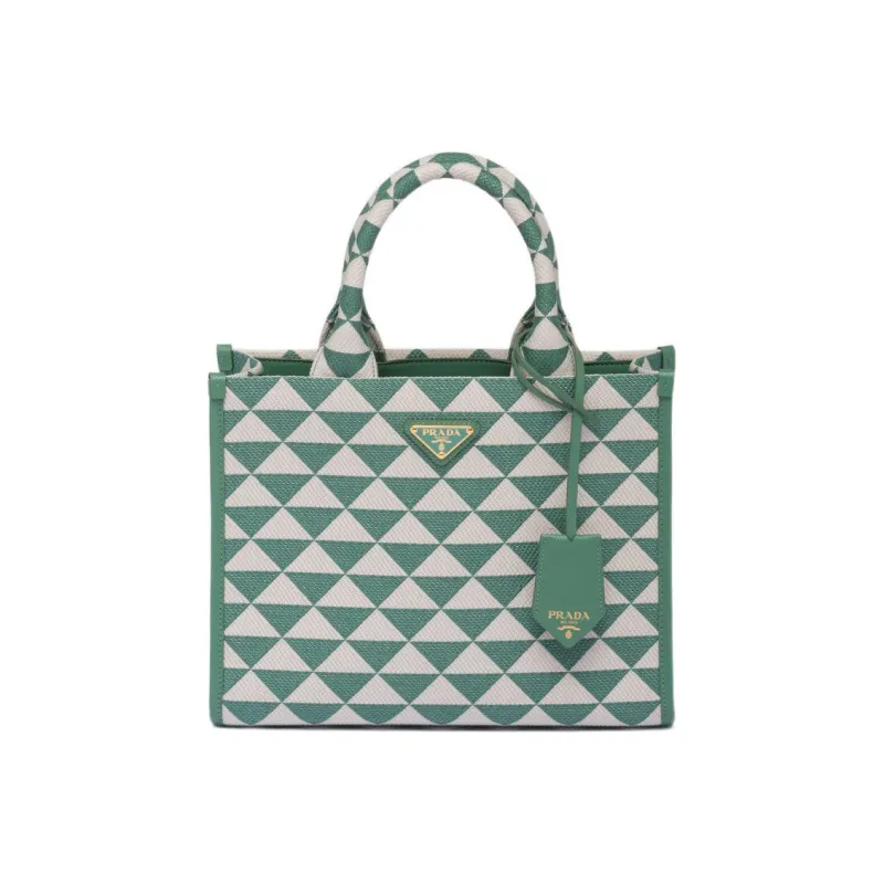 PRADA Symbole Fabric With Leather Tote Bag Shopping Bag Handbag Small Size Women's Grass Green/White-0