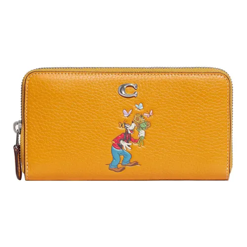 COACH Disney, Collaboration Accordion Zip Cow Leather Card Holder, Wallet Women's Yellow